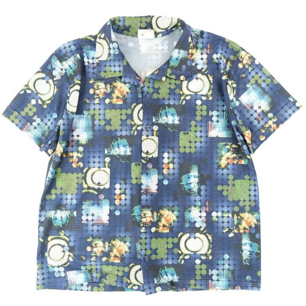 VINTAGE WMC Groeey Shirt XL Blue Hawaiian Geo Mesh Button Up Camp Mens Party